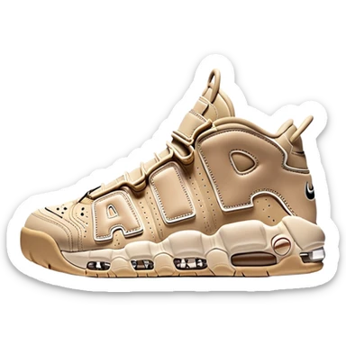Beige colored Nike Air More Uptempo basketball sneakers with one sneaker positioned behind the other, featuring large AIR text on the sides sticker