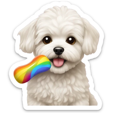 maltipoo dog with rainbow chew toy sticker