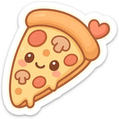 chibi sticker-style slice of pizza with a heart accent, cute and exaggerated sticker