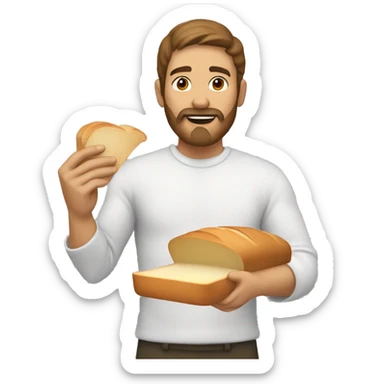 Man with white skin, brown har and brown medium beard eat a slice of white bread sticker