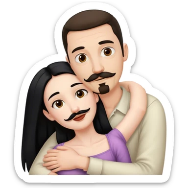 Couple, Tall pale man with brown mustache and goatee, hugging small pale woman long with black hair sticker