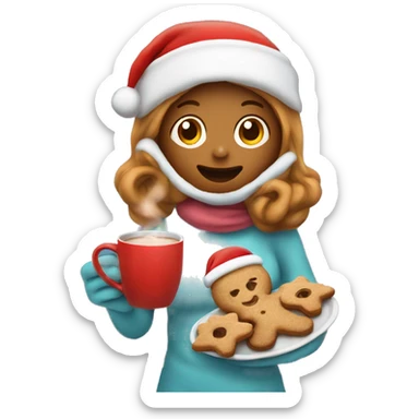 girl with a tray in front of her with gingerman cookies and hot chocolate with blanket and wears a santa hat sticker