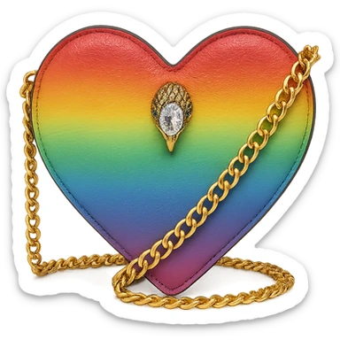 heart-shaped purse with vibrant rainbow ombre, inspired by Kurt Geiger, gold chain strap, sparkling jewel accent, stylish and upscale sticker