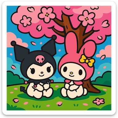 Kuromi and My Melody together, anime style, sitting under a cherry blossom tree, dreamy atmosphere sticker