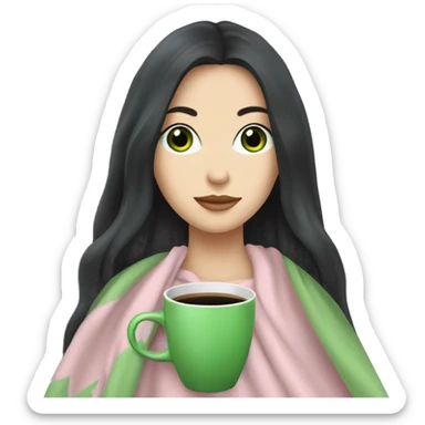 A pretty white girl with very long black hair and green eyes in a light pink blanket sipping coffee sticker