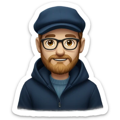 an irish guy with a black newsboy hat in color wearing a navy blue pull over hooded sweater thin frame glasses beard and sideburns blue eyes sticker