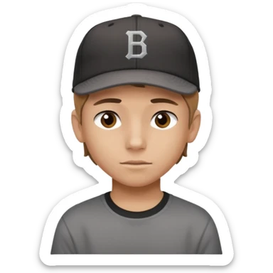 Create a teen boy wearing a faded black T-shirt. He will have light brown hair that is buzzed, tan skin, and dark brown eyes. He is wearing a gray baseball hat turned backwards. sticker
