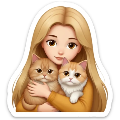 pretty girl with long color brown hair, hugging her blonde persian cat sticker