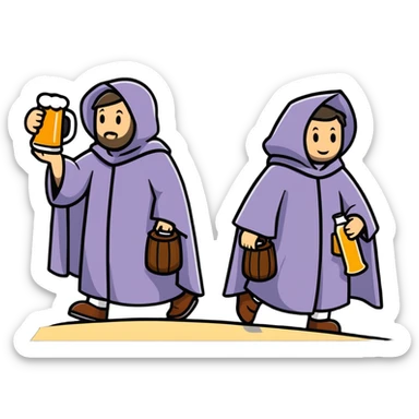 medieval pilgrims walking on a journey path with cloaks and beer bottles sticker