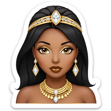 exotic African American woman with dark brown skin, straight black hair, glamorous makeup, gold jewelry, diamonds, curvy and confident, stylish and sexy sticker
