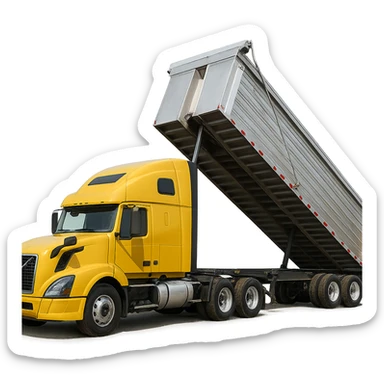 highly photorealistic Volvo yellow semi sleeper truck with a long silver end dump trailer in the raised dump position, detailed textures, realistic lighting sticker