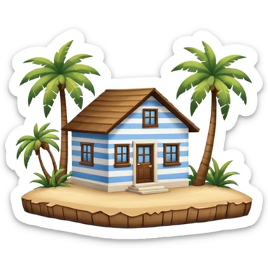 A full square white and blue stripe house horizontally with brown wooden door on a island with palm trees  sticker
