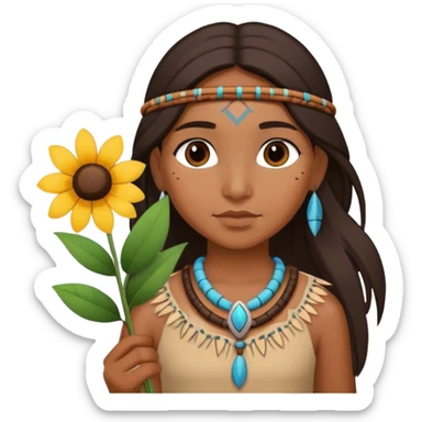 a native american girl holding a flower sticker