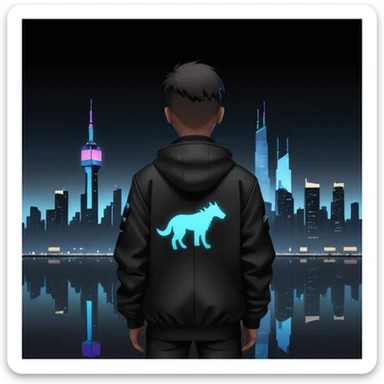 A silhouette watching a city skyline at night, cyberpunk atmosphere, black background sticker