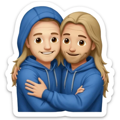 two happy men with long hair hugging, in hoodies sticker