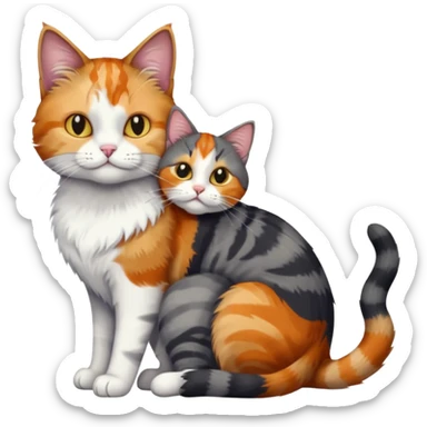 full body colourful light patched calico + white tabby cat cuddling a big dark grey and white tabby cat  sticker