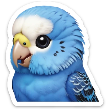 cinematic-cute-blue-budgie-portrait-emoji,-head-tilted-playfully-and-inquisitively,-featuring-a-brilliant-blue-feathered-fur-and white and black feathered face-with-a-natural-sheen,-round,-sparkling-dark-eyes-filled-with-curiosity,-simplified-yet-irresistibly-adorable sticker