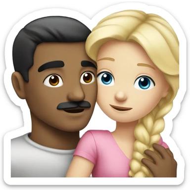 blonde blue eyed girl, hugging a man with black hair and black mustache sticker