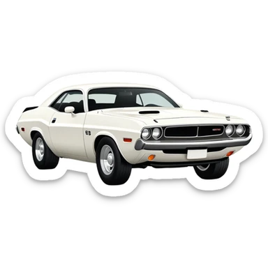 All-white 1971 Dodge Challenger from Tarantino's Death Proof, stylized iOS emoji look, clean white finish, iconic muscle car silhouette, simplified details sticker
