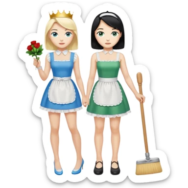 King, black hair, body, legst, blue eyes, shoes, maid blonde hair, green eyes, sexy short sleveless White dress, shoes sticker