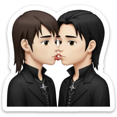 Goth Boys, one goth boy pale with brown hair the other a goth boy tan with long black hair, kissing sticker