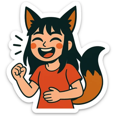 A girl with black fox ears and a tail, green eyes, dark hair, laughing sticker