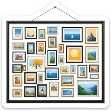 Icon for Photograph and Poster Collecting: a large poster in the center, surrounded by various-sized framed photographs. The icon should capture the charm of collecting photos and posters, arranged artistically on a wall. Transparent background. sticker
