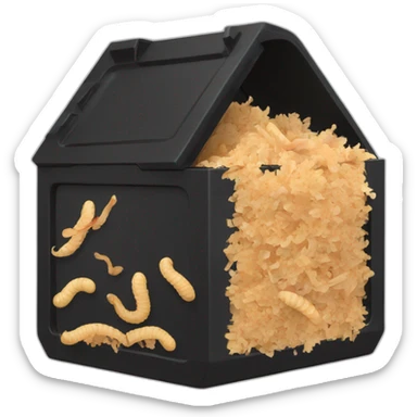 Black cubic plastic container with wood shavings and worms inside sticker