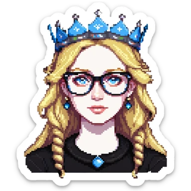 beautiful princess with blonde hair, bright blue eyes, wearing stylish glasses and a crown sticker