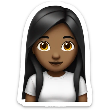 Girl with long, straight black hair, a little dark complexion and a white t-shirt sticker