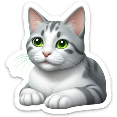 realistic grey and white cat gazing forward while laying down with green eyes  sticker