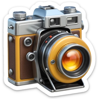 3D rendering, isolated Emoji of a vintage camera, detailed lens, flash effect, photography-themed. Must be 5000x5000 pixels, 4k resolution sticker