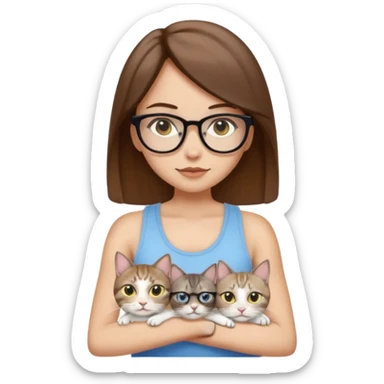 iOS-style emoji of a light-skinned girl with straight medium brown hair, black glasses and a white tank top, holding two cats: one white with yellow eyes and one gray tabby Siamese with blue eyes. sticker