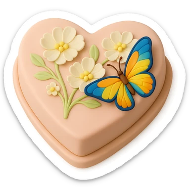 Add a colorful butterfly to the heart-shaped fondant cake with white flowers, fondant cake art style, keep transparent background. sticker