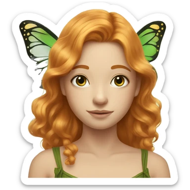 Beautiful, cornflower, fairy, green, gold, chest length ginger hair, big green and gold butterfly wings sticker
