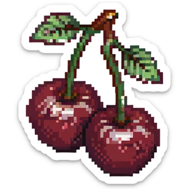 Pixel art of two dark maroon cherries with green stem, deep red color sticker