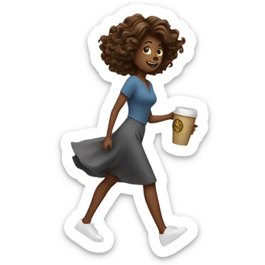 lady walking with coffee twirling hair sticker