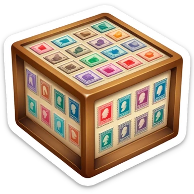 Icon for Stamp Collecting: a large stamp block in the center and a collection of vintage and colorful stamps arranged in an album or on a desk around, with showcasing different themes. The icon should reflect the charm and history of philately. Transparent background. sticker