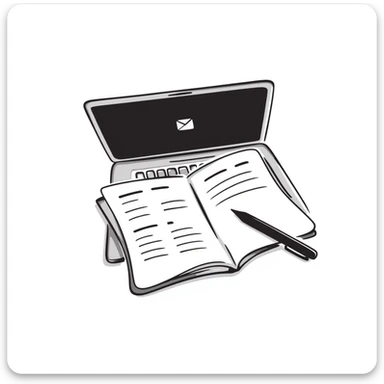 top view of a MacBook and a notebook with a pen nearby, notebook with visible notes sticker