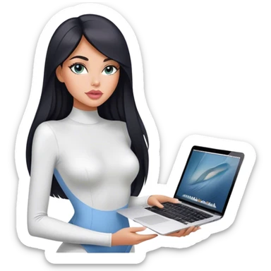 Glamours, tanned, very beautiful girl, with big pump peach-beige-rose lips, black straight smooth silky long hair, straight parting, blue-grey eyes, in white bodysuit holding MacBook sticker