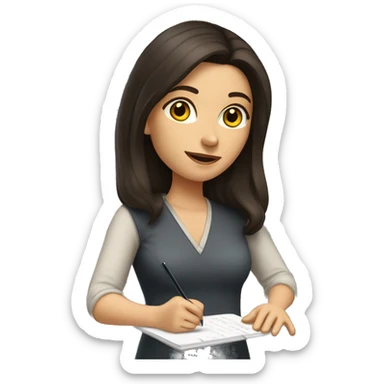 caucasian woman with long dark brown hair and dark brown eyes writing notes sticker