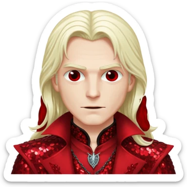 Alucard, Son of Dracula with long platinum blonde hair, dark red sequin outfit  sticker