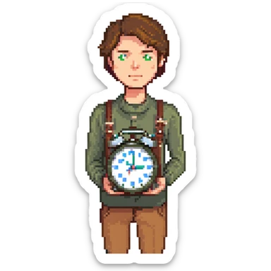 A man with brown hair holding an alarm clock sticker