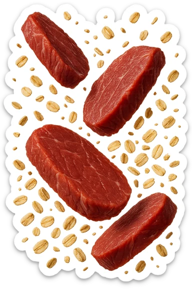 FETTINE DI CARNE FLUTTUANO IN ARIA INSIEME A FIOCCHI DI AVENA, IPERREALISTICO 4K sticker