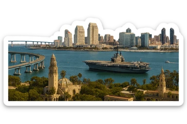 cinematic, realistic emoji of San Diego, featuring a wide city view with iconic landmarks such as the Coronado Bridge, San Diego skyline, USS Midway, and Balboa Park, with lifelike detail, accurate colors, bright daytime lighting, fully transparent background with no sky and no clouds sticker
