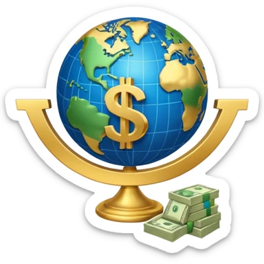 An icon featuring  a dollar sign, and a chart with upward trends, symbolizing economics. The design includes coins, bills, and a globe, representing global trade and financial systems. Transparent background highlights the study of markets, supply, and demand. sticker