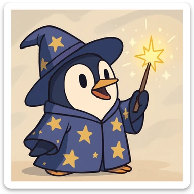 a cute penguin wizard with a starry robe and a wand, casting a spell, in a cartoon style sticker