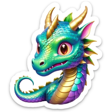 Cinematic Cute Dragon Portrait Emoji, Head tilted playfully and inquisitively, with a sleek, serpentine body adorned in iridescent scales and a charming, expressive face featuring subtle, delicate horns, round, sparkling eyes brimming with curious magic, Simplified yet irresistibly adorable features, highly detailed, glowing with a warm, enchanting glow, high shine, affectionate and mystical, stylized with a touch of whimsical fantasy, soft glowing outline, capturing the essence of a mischievous yet loving dragon that feels like it could slither out of the screen into your arms! sticker