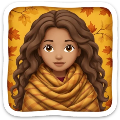 Cozy mixed girl with long wavy hair wrapped in blanket for fall sticker