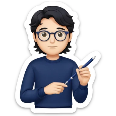 Dependable young professional man with round glasses, wavy black hair, navy blue sweater, assured posture, designer with pen sticker